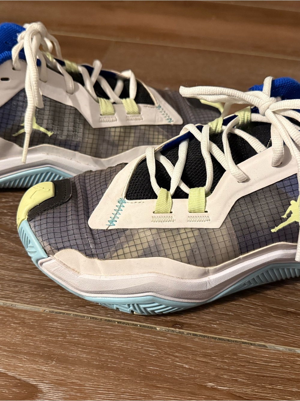 Jordan Men’s Sneakers in Gray, White & Light Blue with Yellow Accents